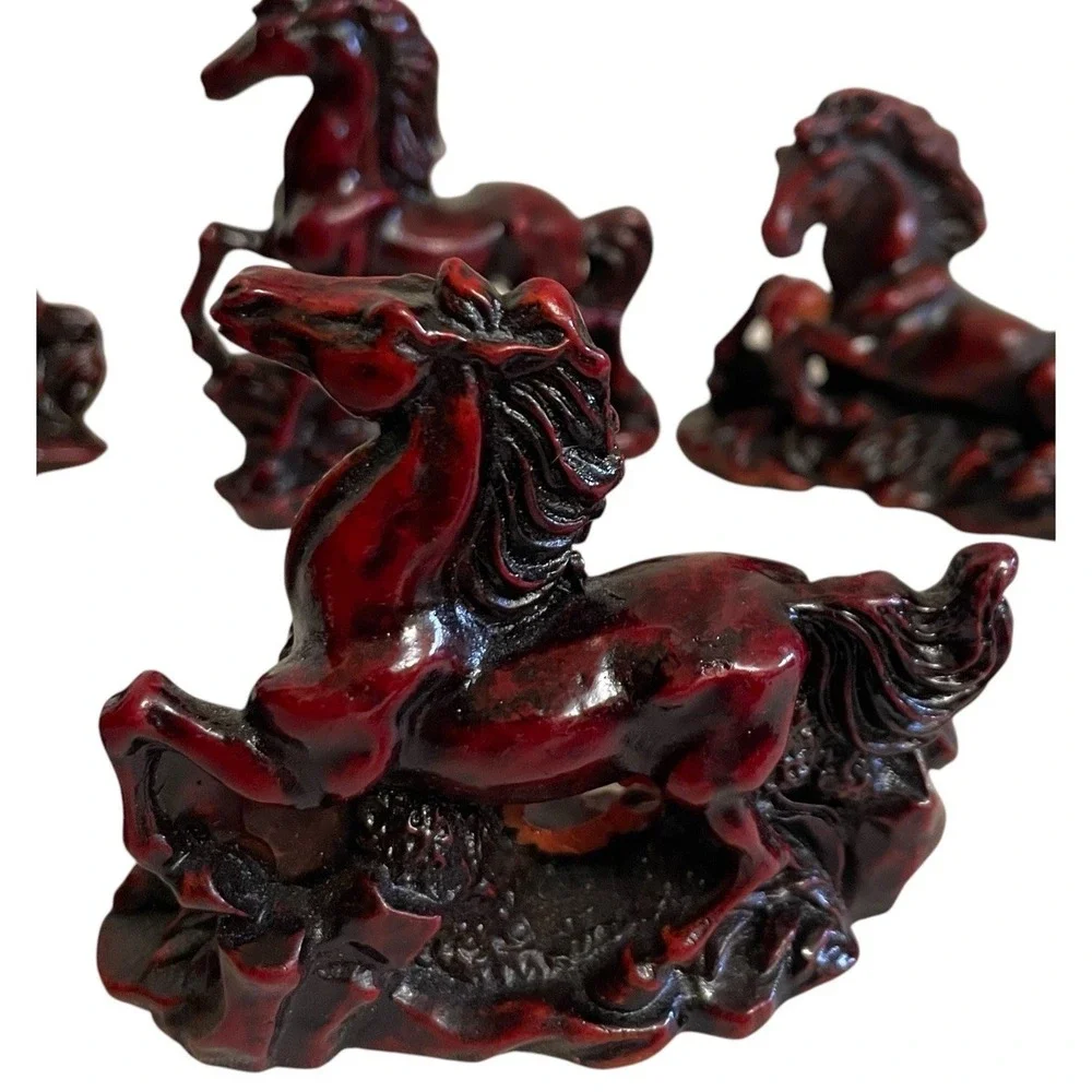 VTG Galloping Horse Figurine Set Home Decor Small Burgundy Red Cinnabar Style